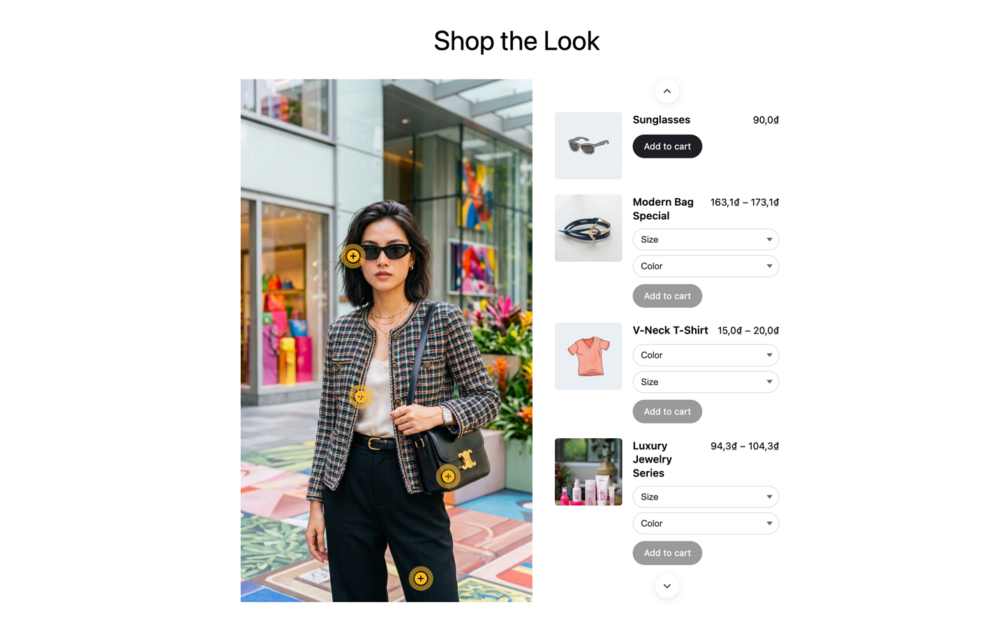 Product List (Pro) — every tagged product as a shoppable list beside the image, with variations and add-to-cart