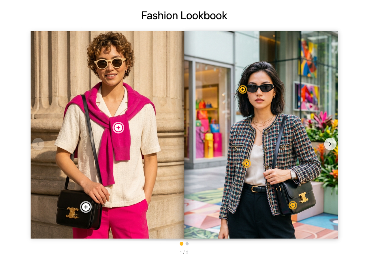 Multi-image gallery (Pro) — combine lookbooks into a shoppable carousel, grid, masonry or flipbook