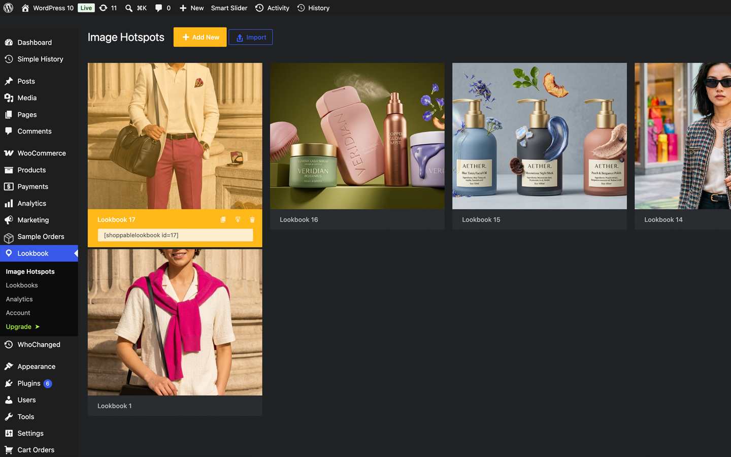 The lookbook overview — copy shortcodes, duplicate, export and spot broken products at a glance