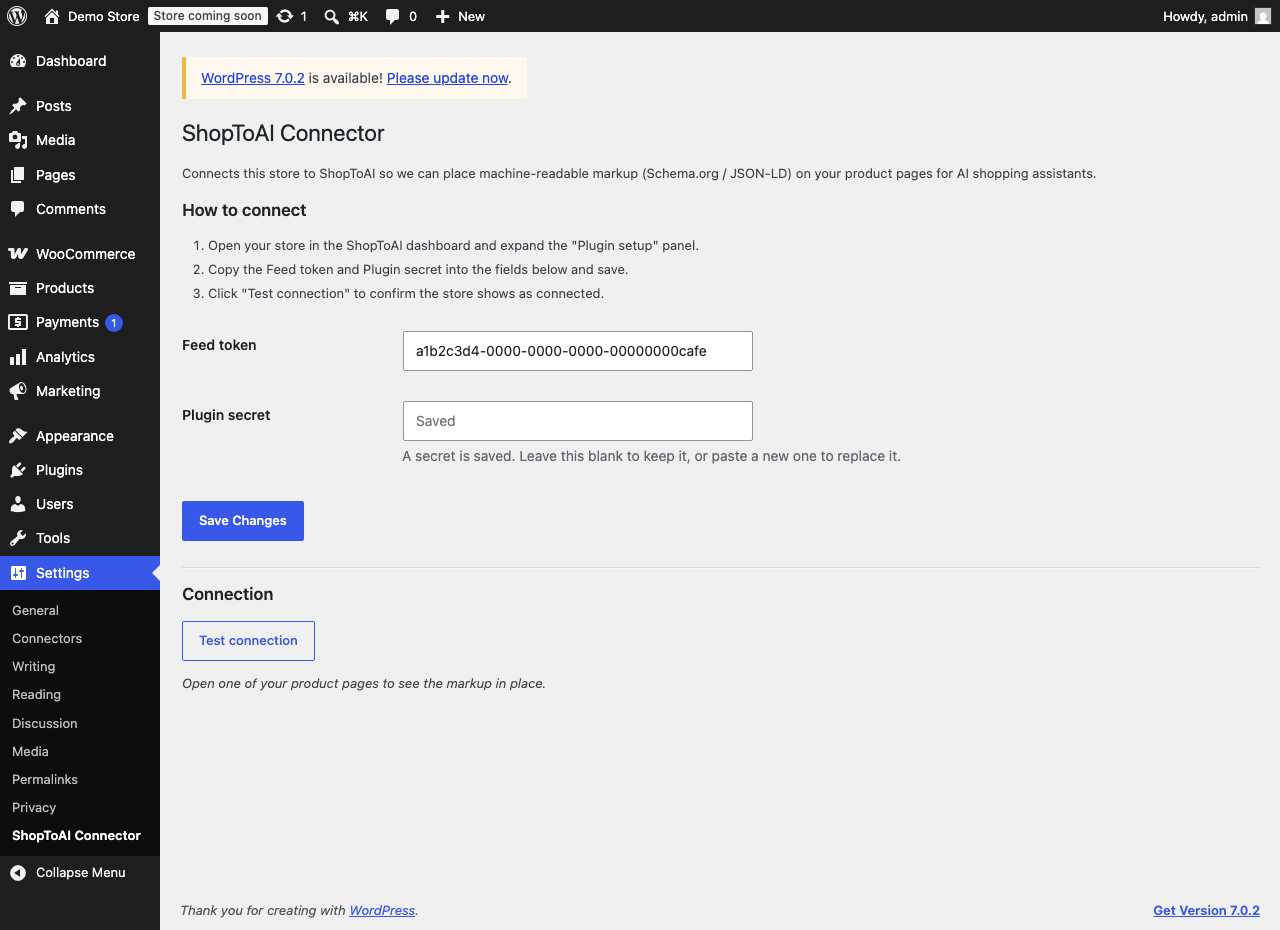 The connector's settings page. Paste the feed token and plugin secret from your ShopToAI dashboard and save.