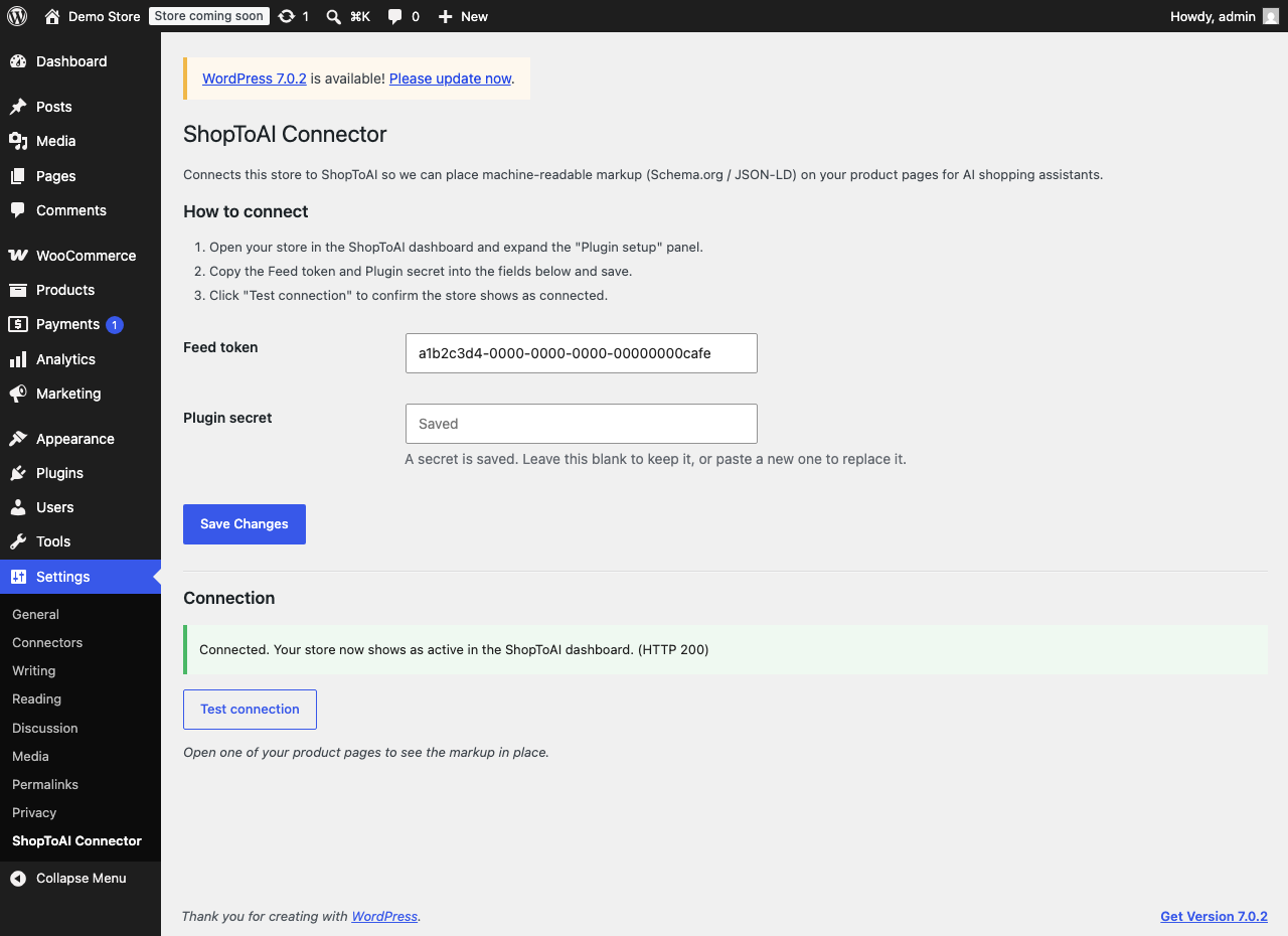 Test connection confirms the store is talking to ShopToAI and now shows as connected in the dashboard.