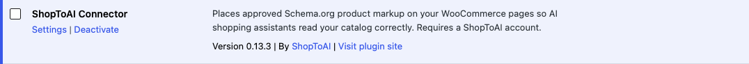 The plugin on your Plugins screen, with a direct link to its settings.
