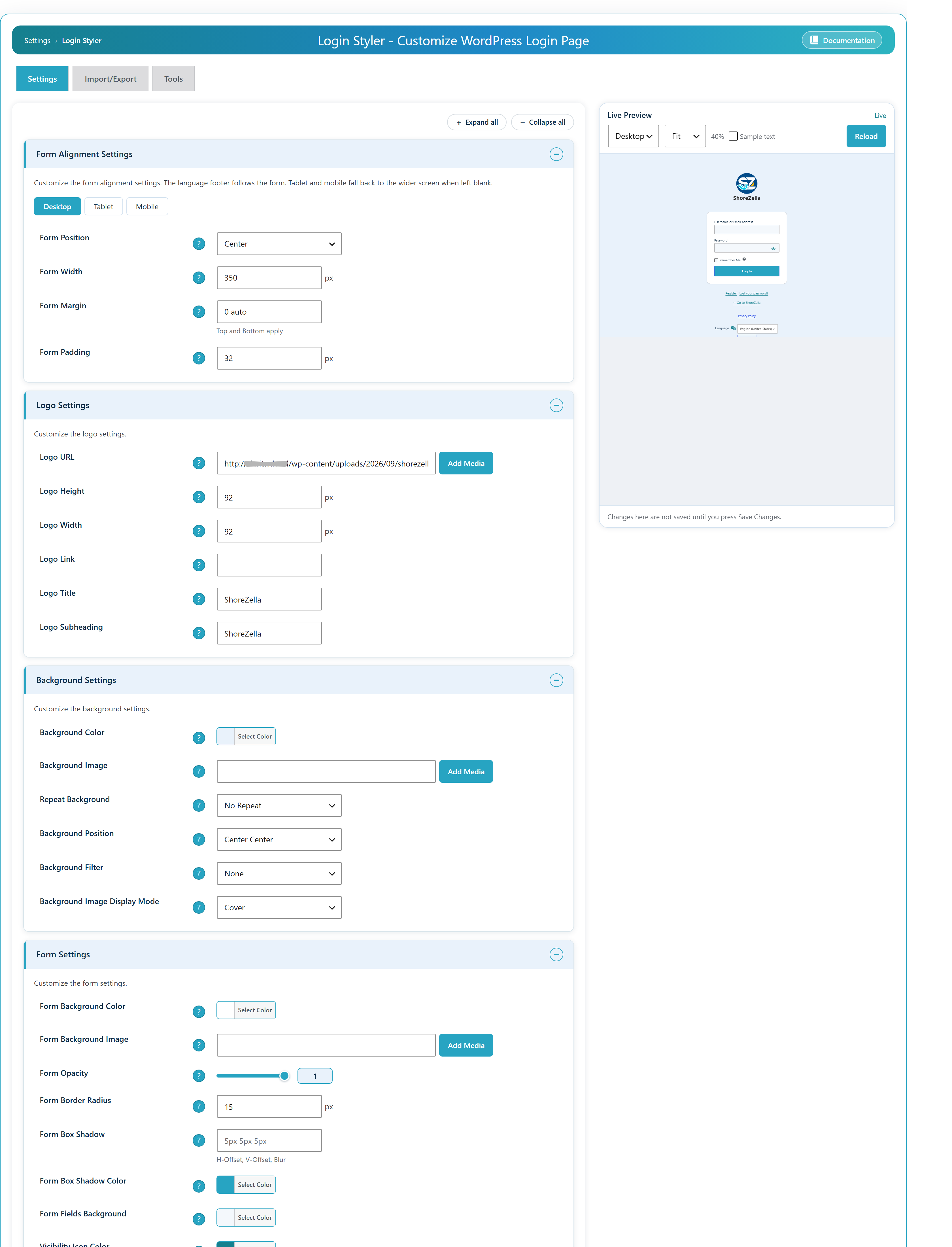 The settings screen with every section and the live preview beside it, updating as you type.