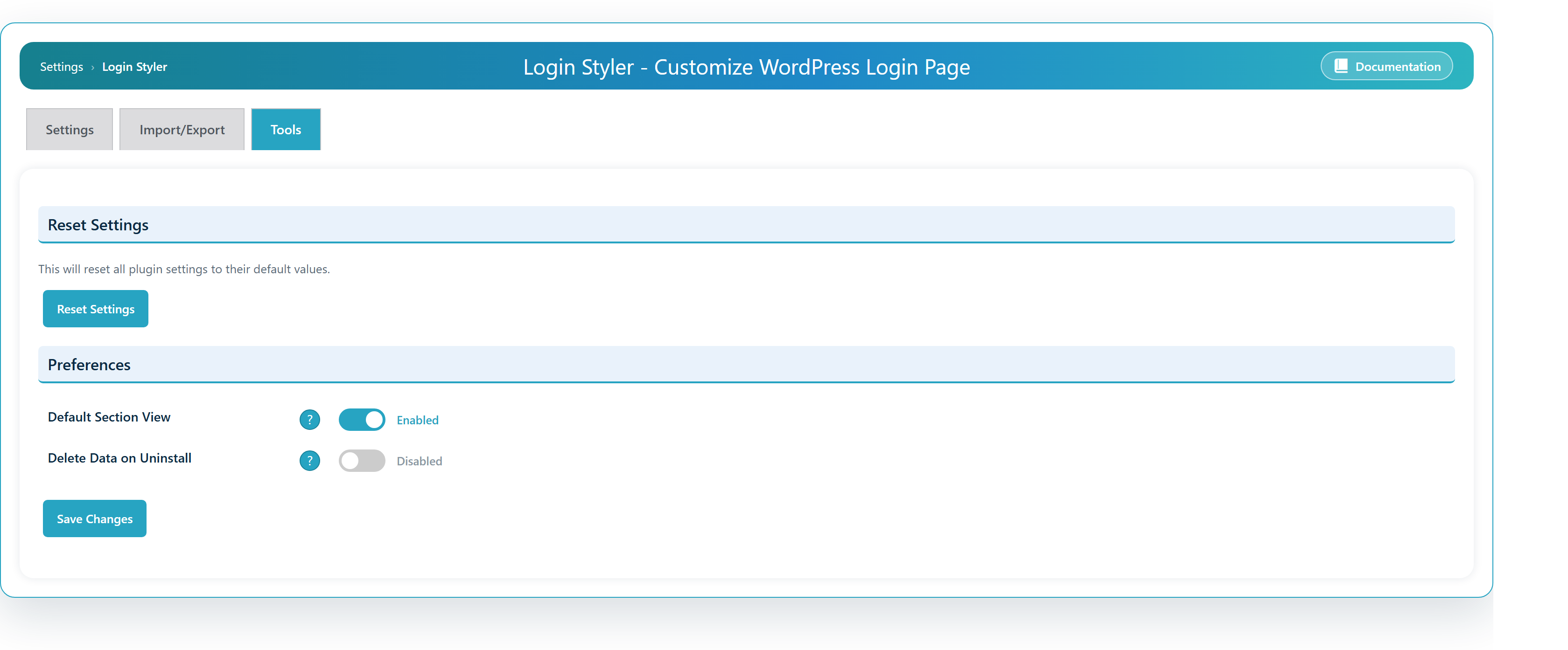 The Tools tab: reset settings, section-view preferences and clean uninstall.