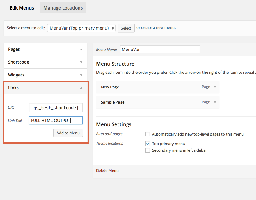 Old Method: If you want to use a shortcode that outputs not just the URL, but complete HTML sections, write <em>FULL HTML OUTPUT</em> in the <em>Link Text</em> option for that link and it will output the complete HTML without breaking your site.