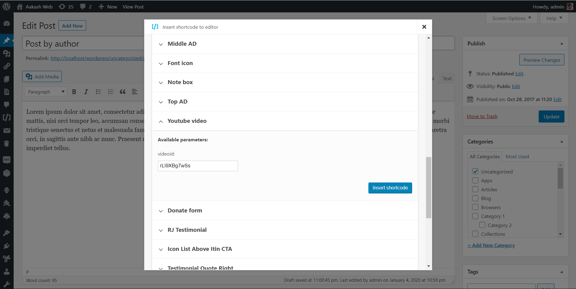 "Insert shortcode" popup to select and insert shortcodes.