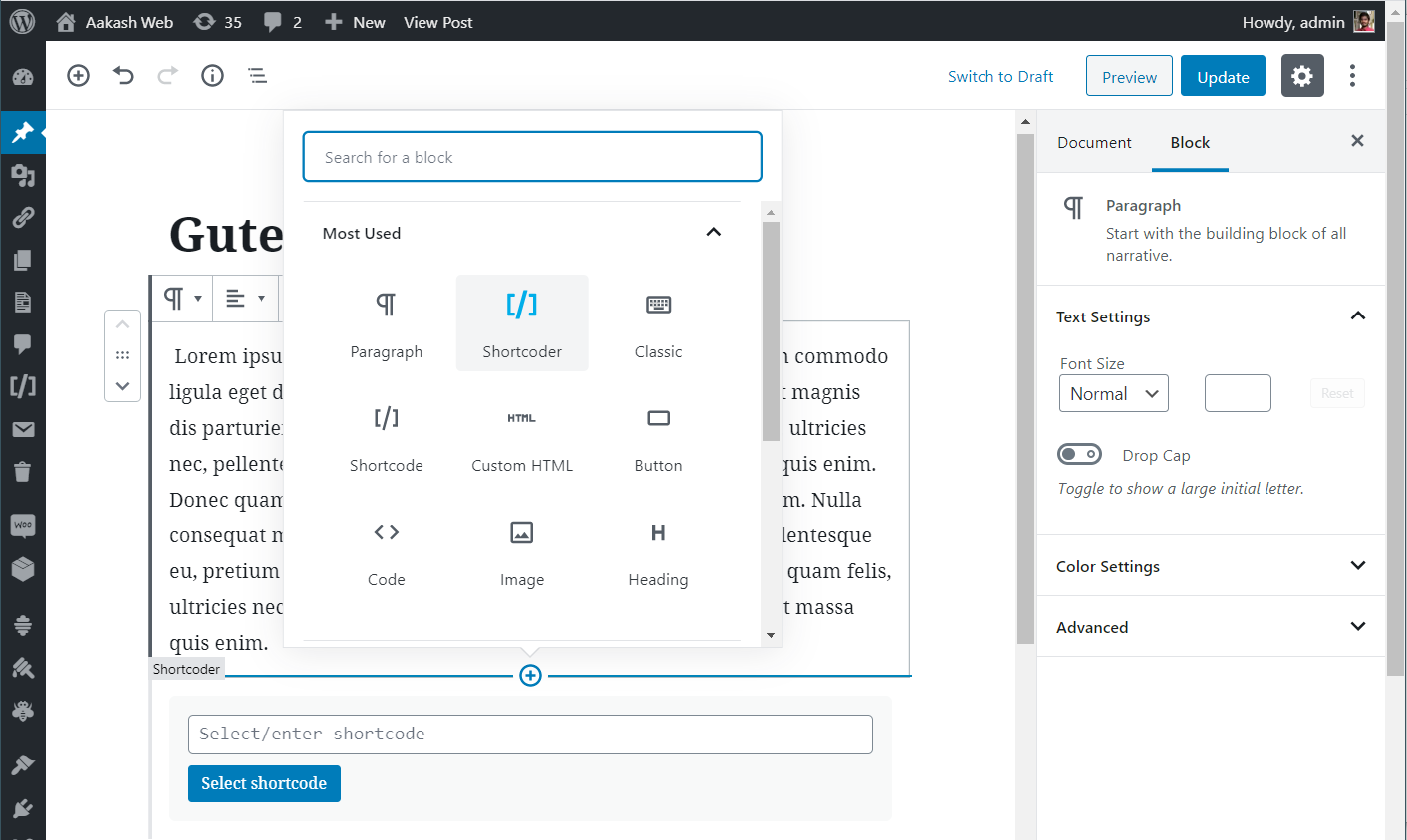 Shortcoder block for Gutenberg editor.