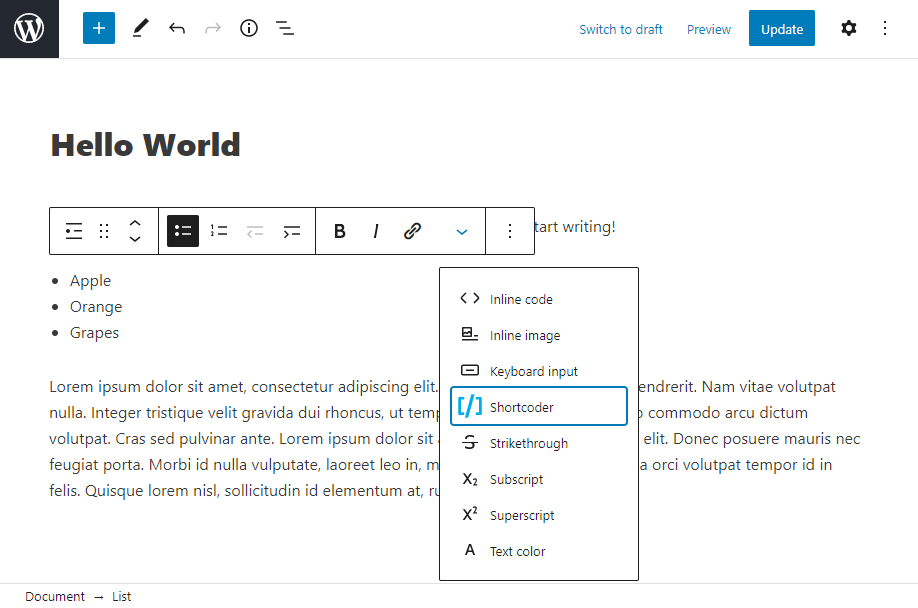 Insert shortcode inline from block editor toolbar.