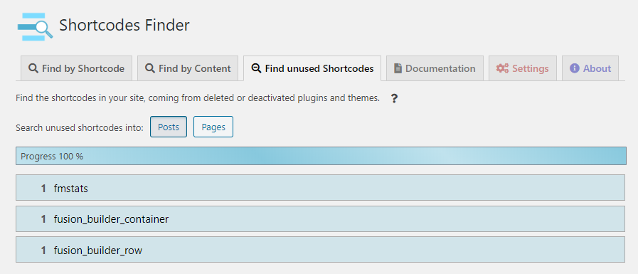 Get a rapid view to all unused Shortcode. With plugin you will be able to disable them with one click.