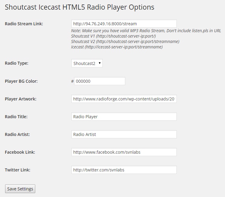 <p>HTML5 MP3 Radio FM MP3 Stream Player Settings</p>