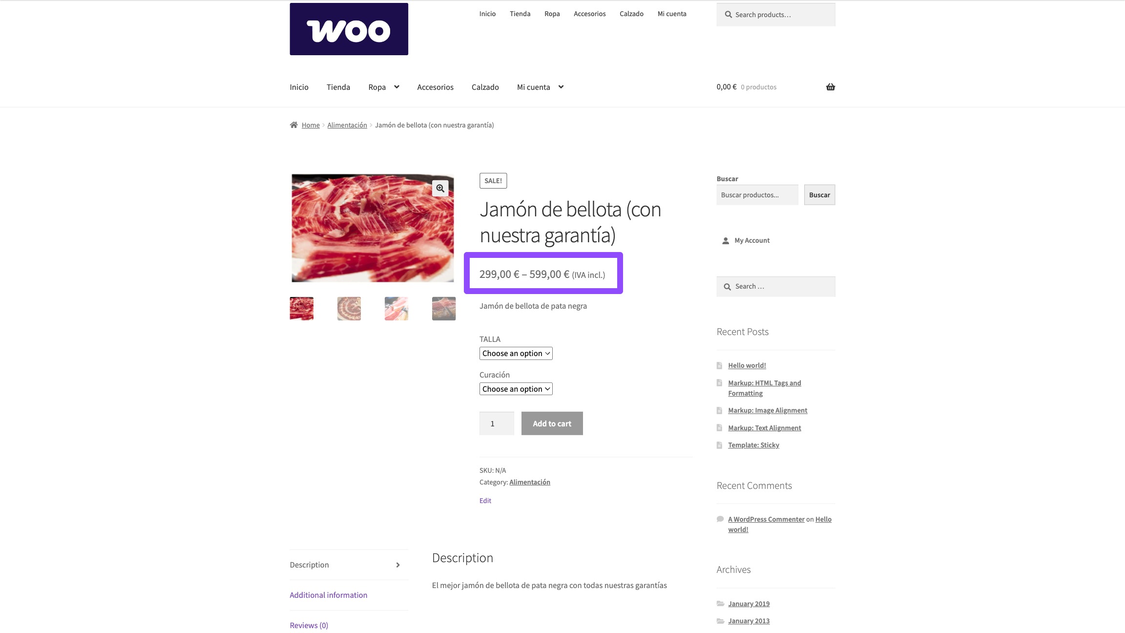 WooCommerce variable product before plugin activation showing confusing price range