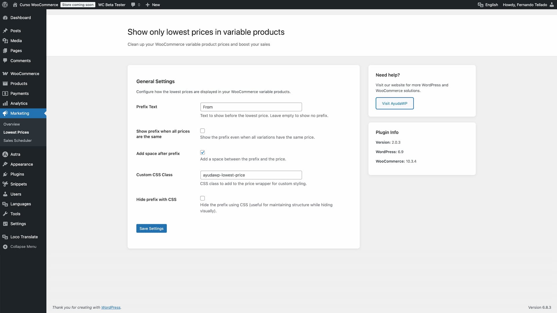 Settings page with customization options integrated into WooCommerce's Marketing admin menu