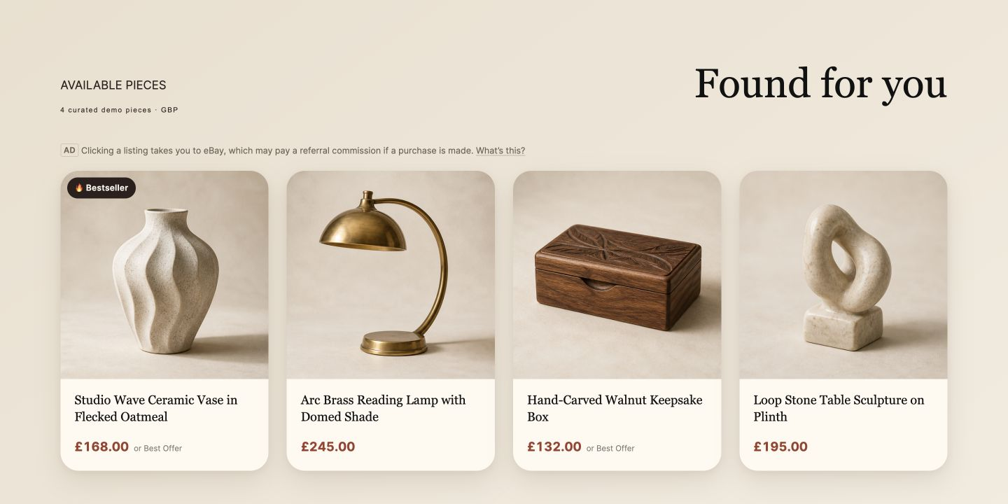 Fictional antiques inventory in a custom editorial Twenty Twenty-Four site
