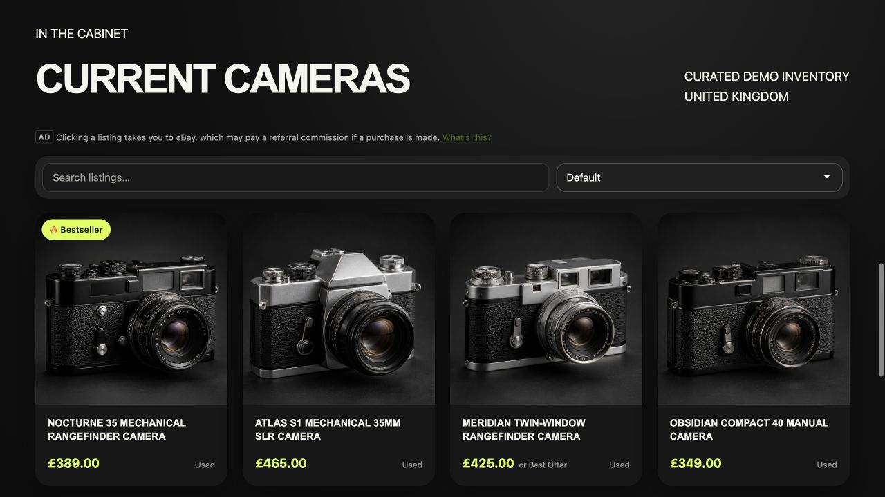 Fictional film camera inventory with live search and sorting in Twenty Twenty-Three