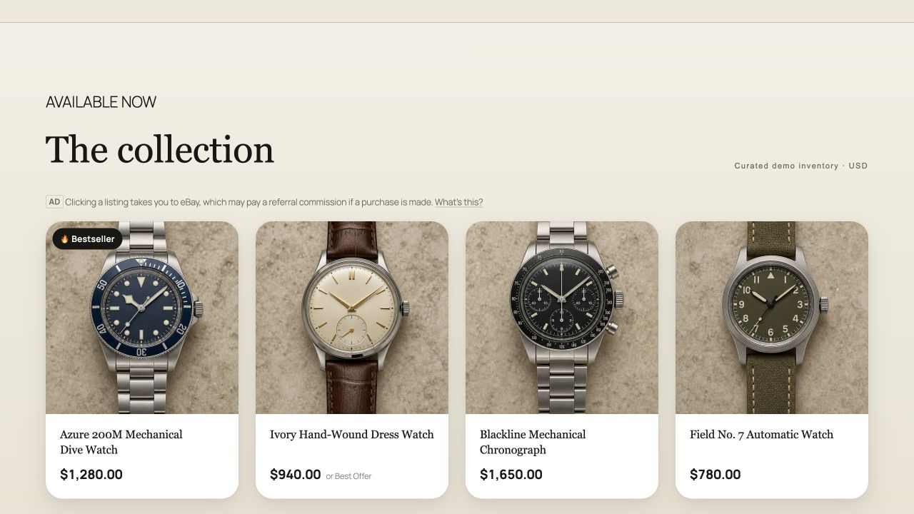 Fictional vintage watch inventory in a custom-styled Twenty Twenty-Five site
