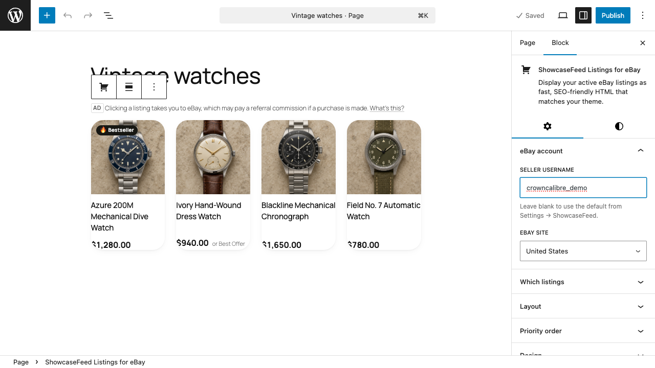 Fictional demo listings and real ShowcaseFeed controls in the WordPress block editor