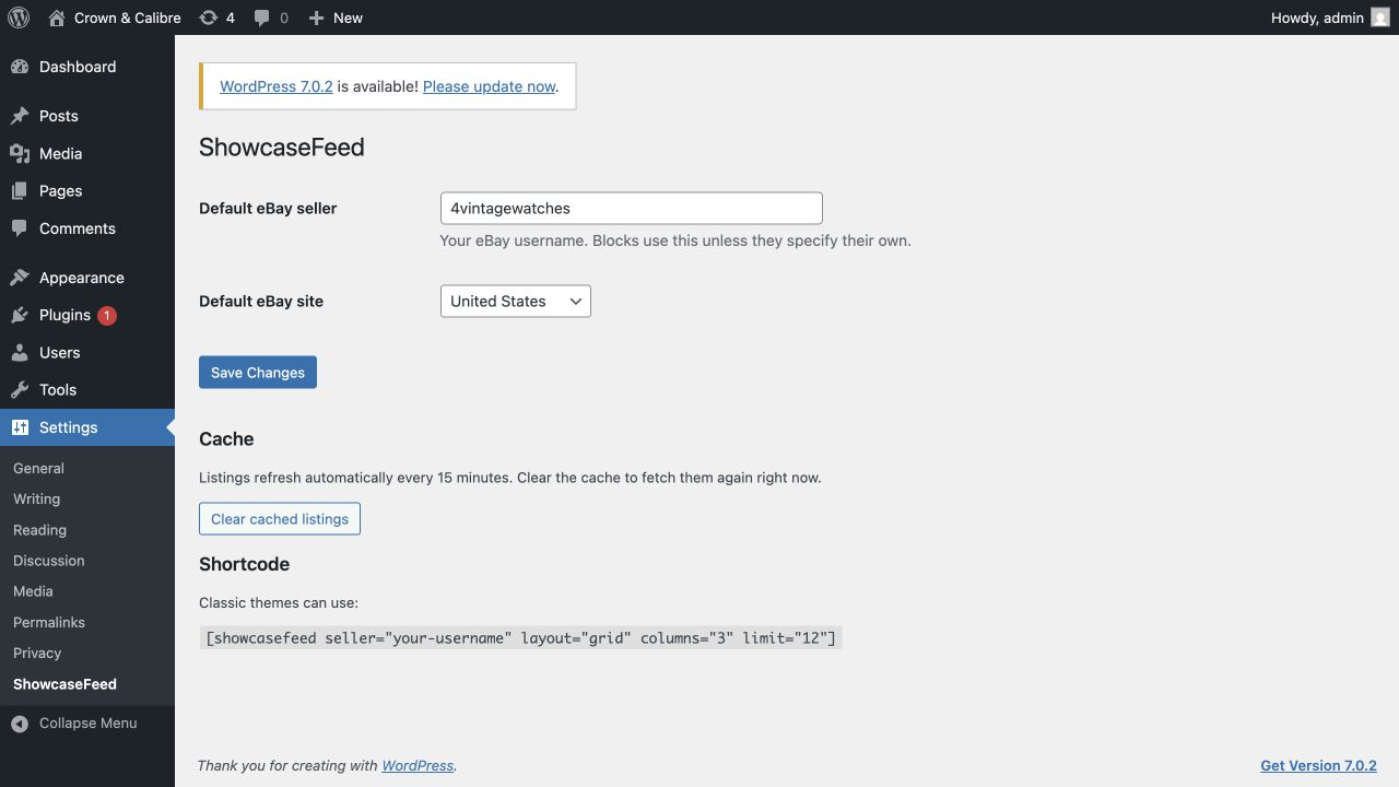 ShowcaseFeed settings screen with seller and marketplace defaults