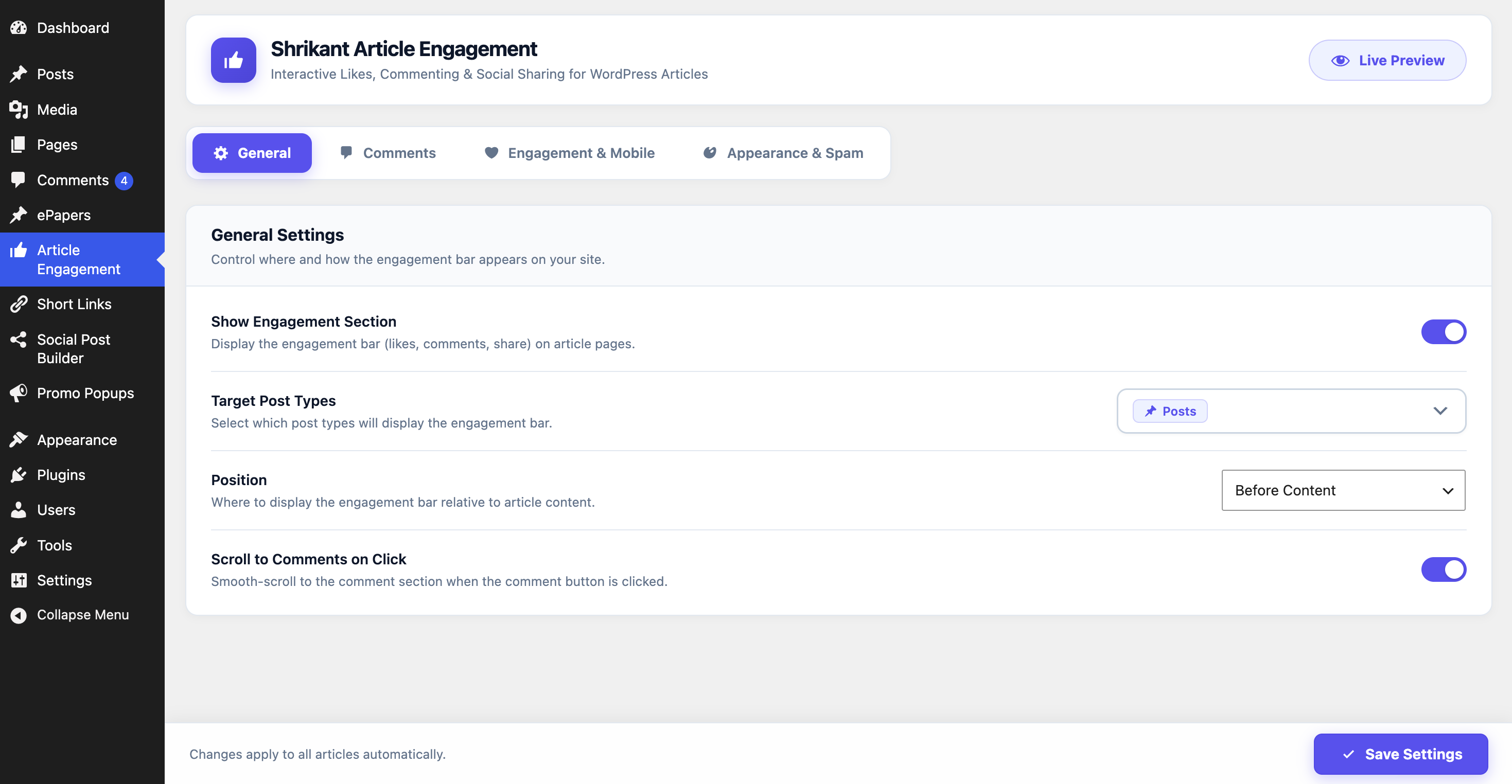 Admin Settings Dashboard