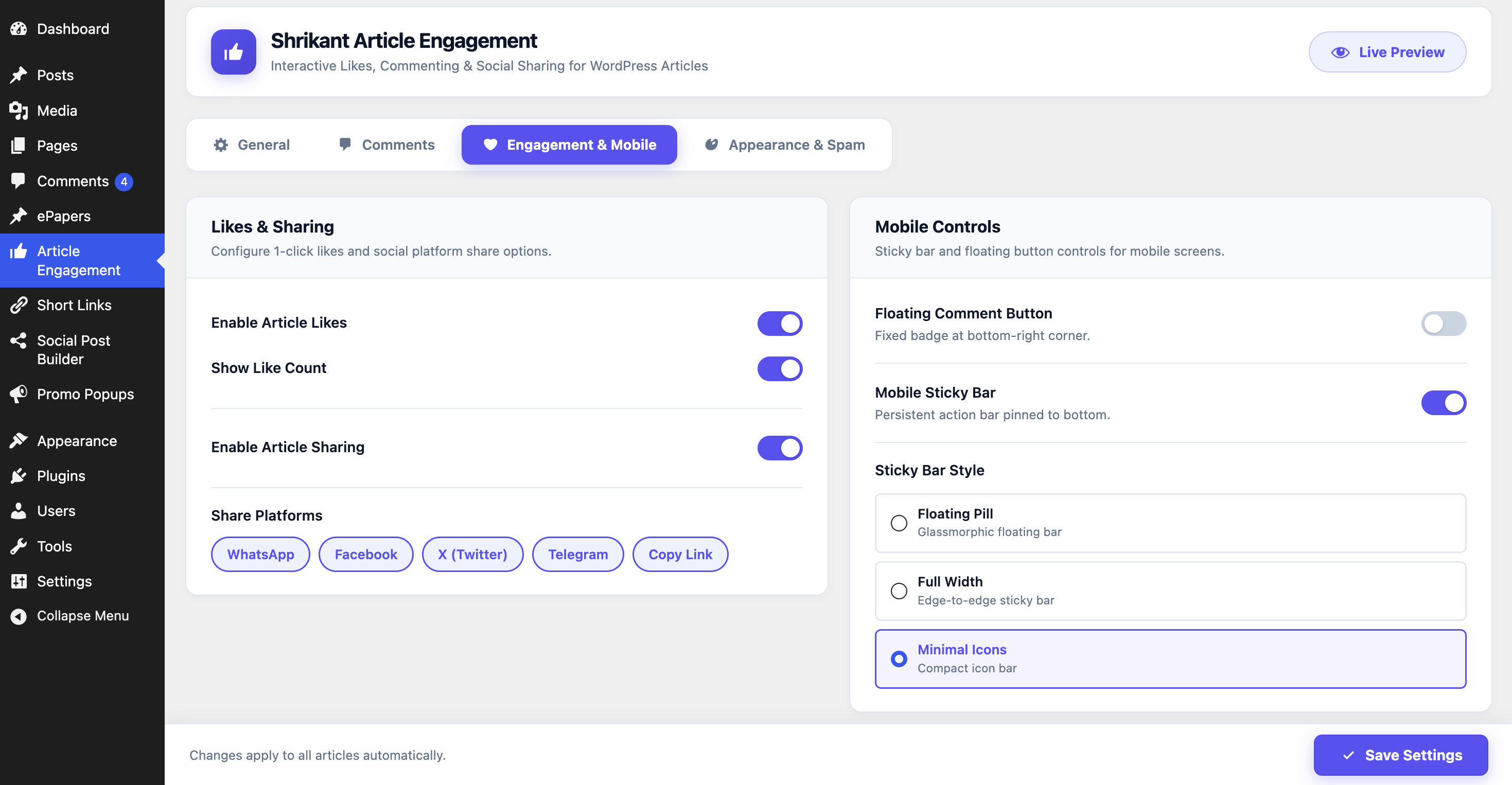 Article Engagement Settings