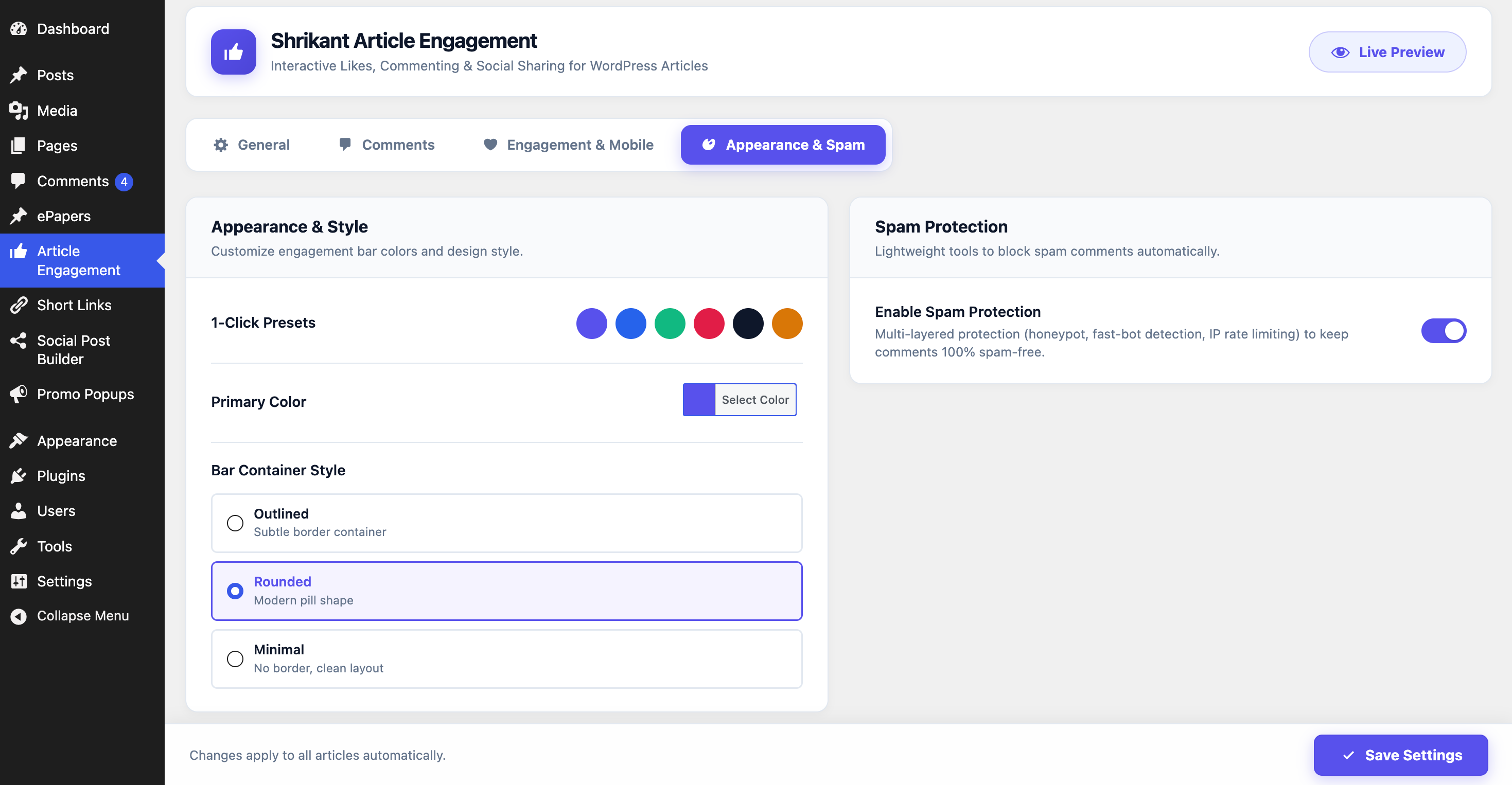 Appearance Settings & Consolidated Spam Protection