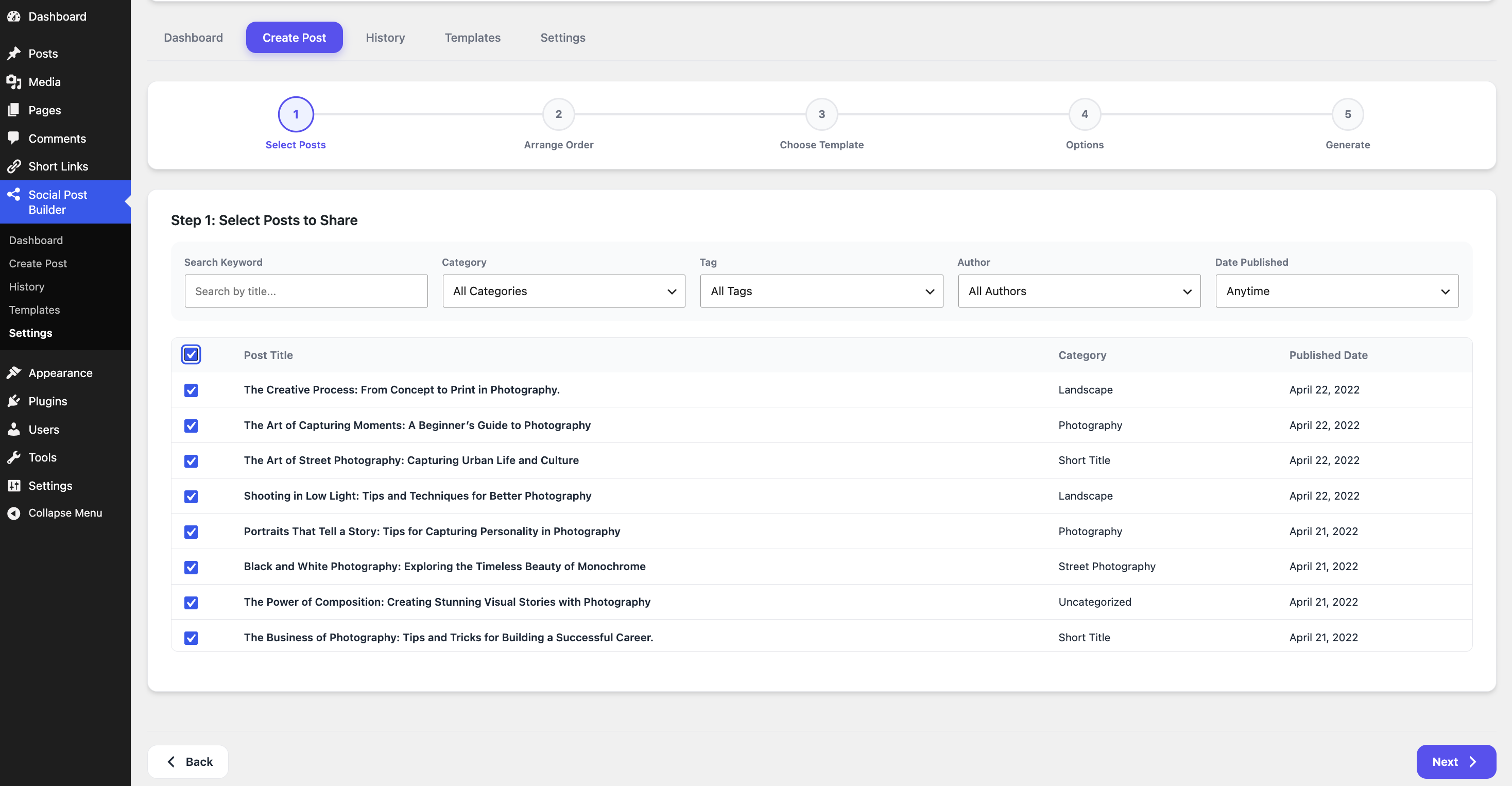Drag-and-drop posts ordering in Step 2.