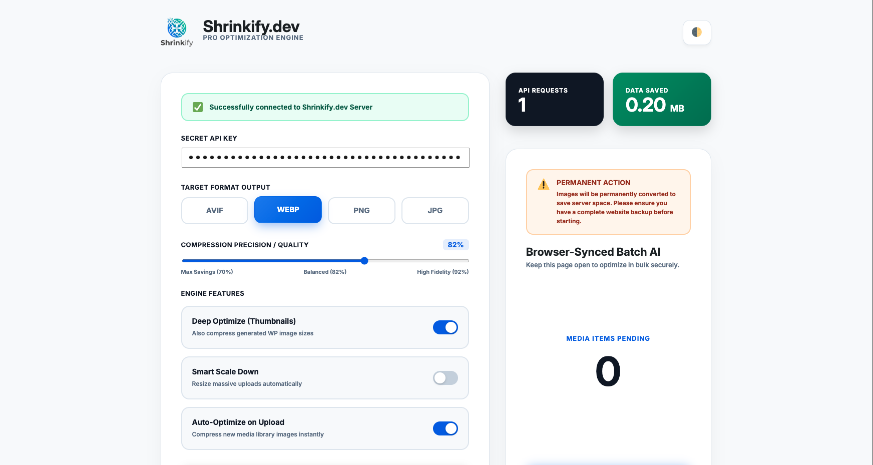 Shrinkify Pro Dashboard: Live API connection status, format selection (AVIF / WebP), and precision quality slider.