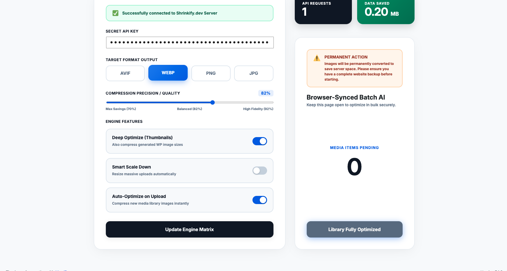 Browser-Synced Bulk Optimizer: Real-time progress bar, item counter, and live MB saved storage tracker.