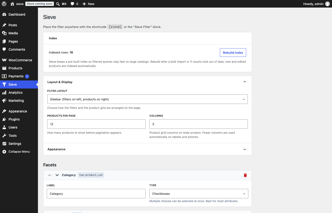 Facet builder: configure product facets, index rebuild status, and storefront layout settings.