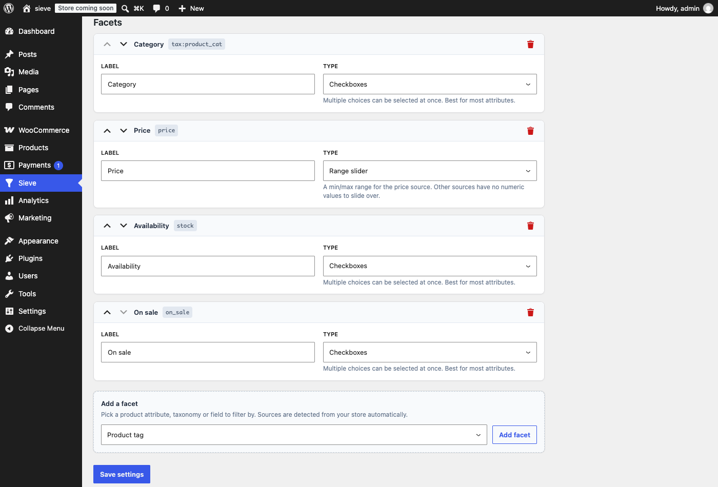 Facet management: add new taxonomy or attribute facets, reorder controls, and adjust filter types.