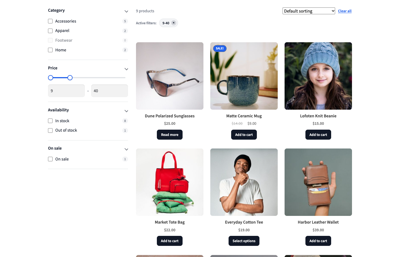 Drag the price handles and the grid refilters; categories with nothing in that range stay in place, dimmed at 0.
