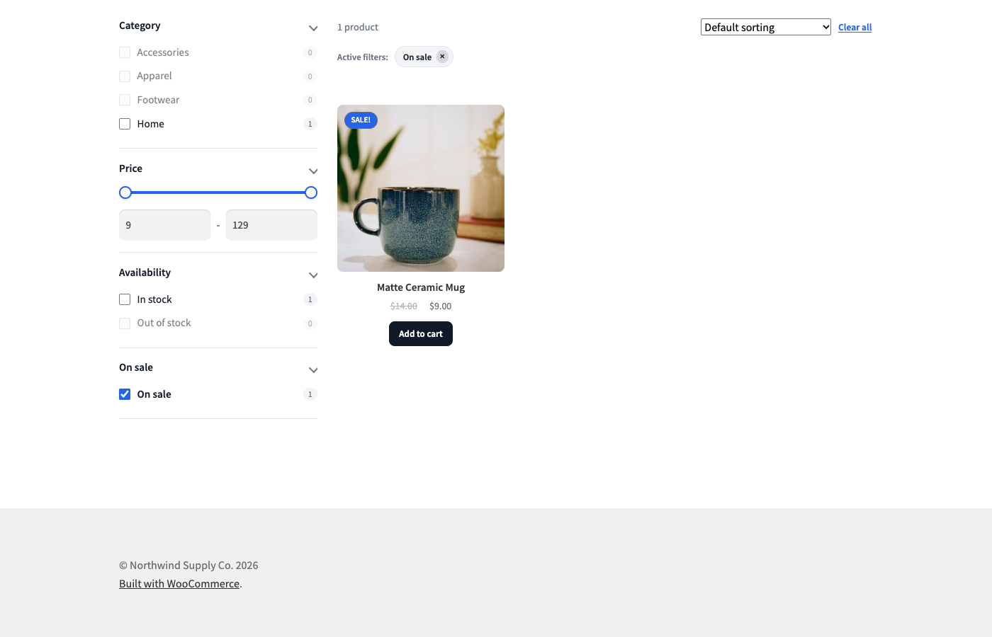 Ticking On sale with "Show dimmed" on: options with no matching products are greyed out and disabled.