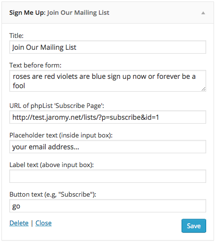 Configuring the form via the Widgets panel in WordPress backend