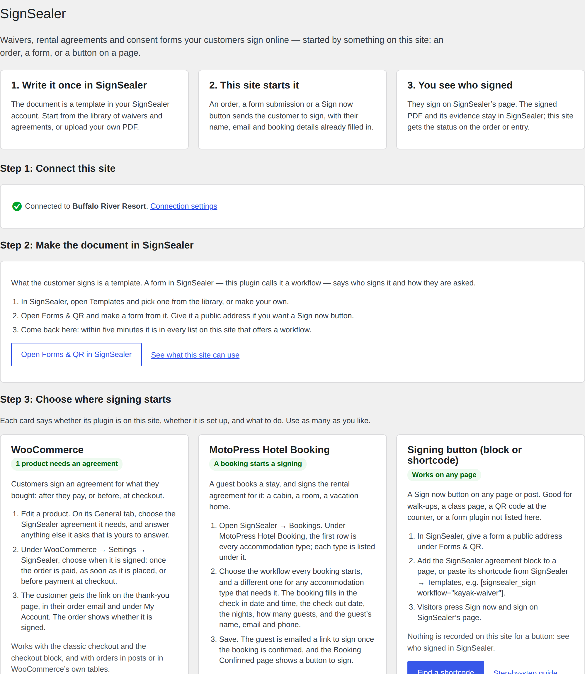 SignSealer → Start here: connected to the business, with a card for each
integration and its steps.