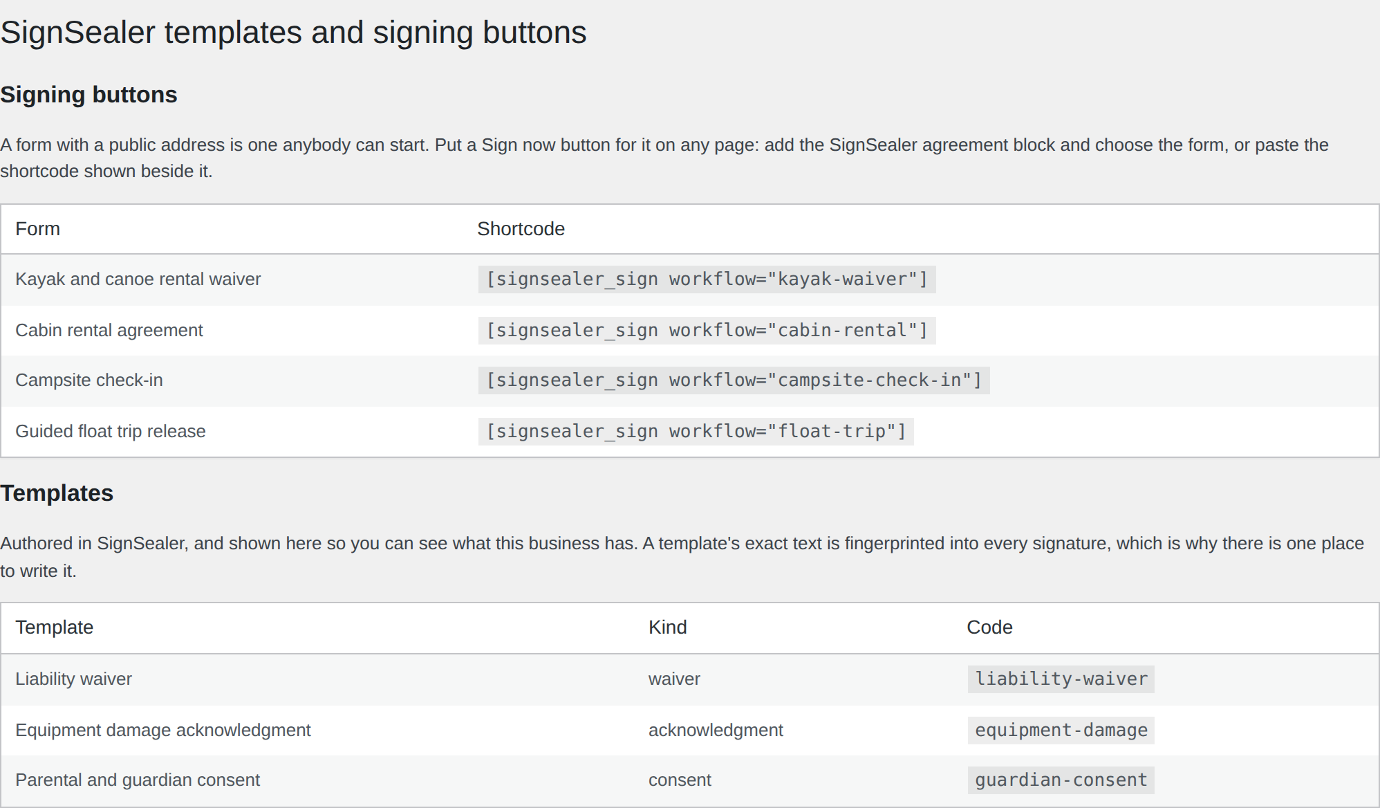 SignSealer → Templates: the business's forms and templates, with the
shortcode for each.