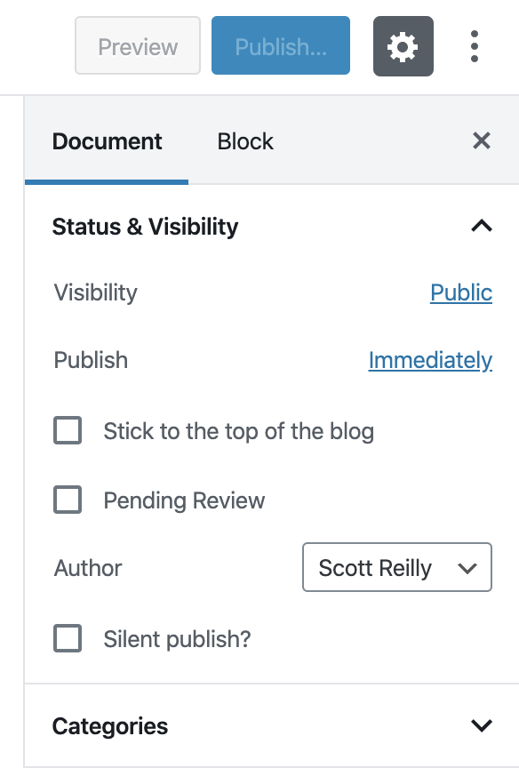 The "Status & Visibility" panel when creating a new post (when using the block editor) that shows the 'Silent publish?' checkbox used to enable silent publish. If you plan to make use of it, be sure to have it checked before publishing the post.