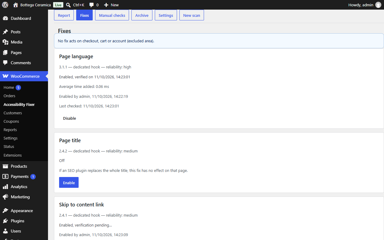 Fixes — the four available fixes, each with its own switch, mechanism, reliability, and verification status.