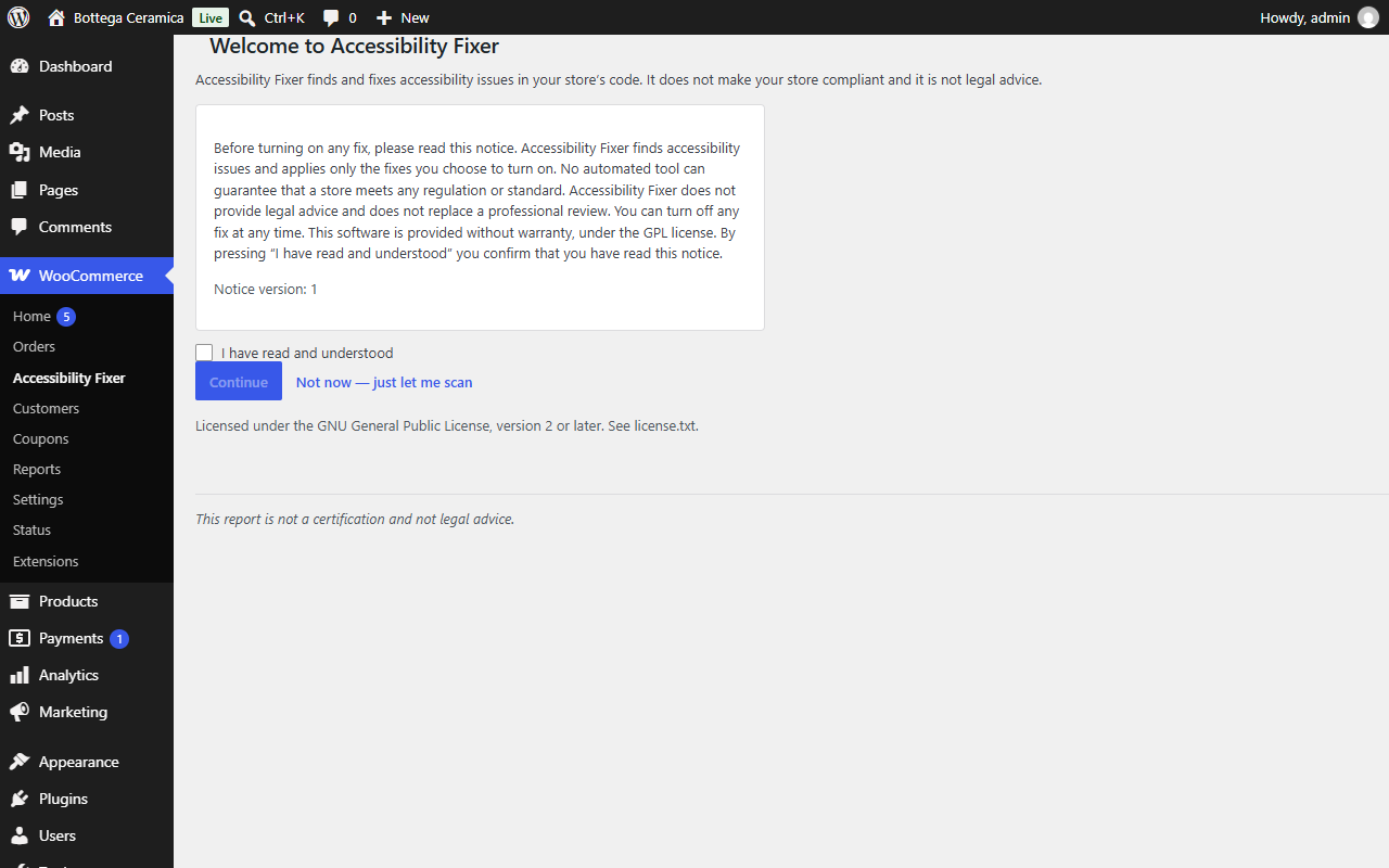 Welcome and acknowledgement — the notice every admin reads once before any fix can be switched on.