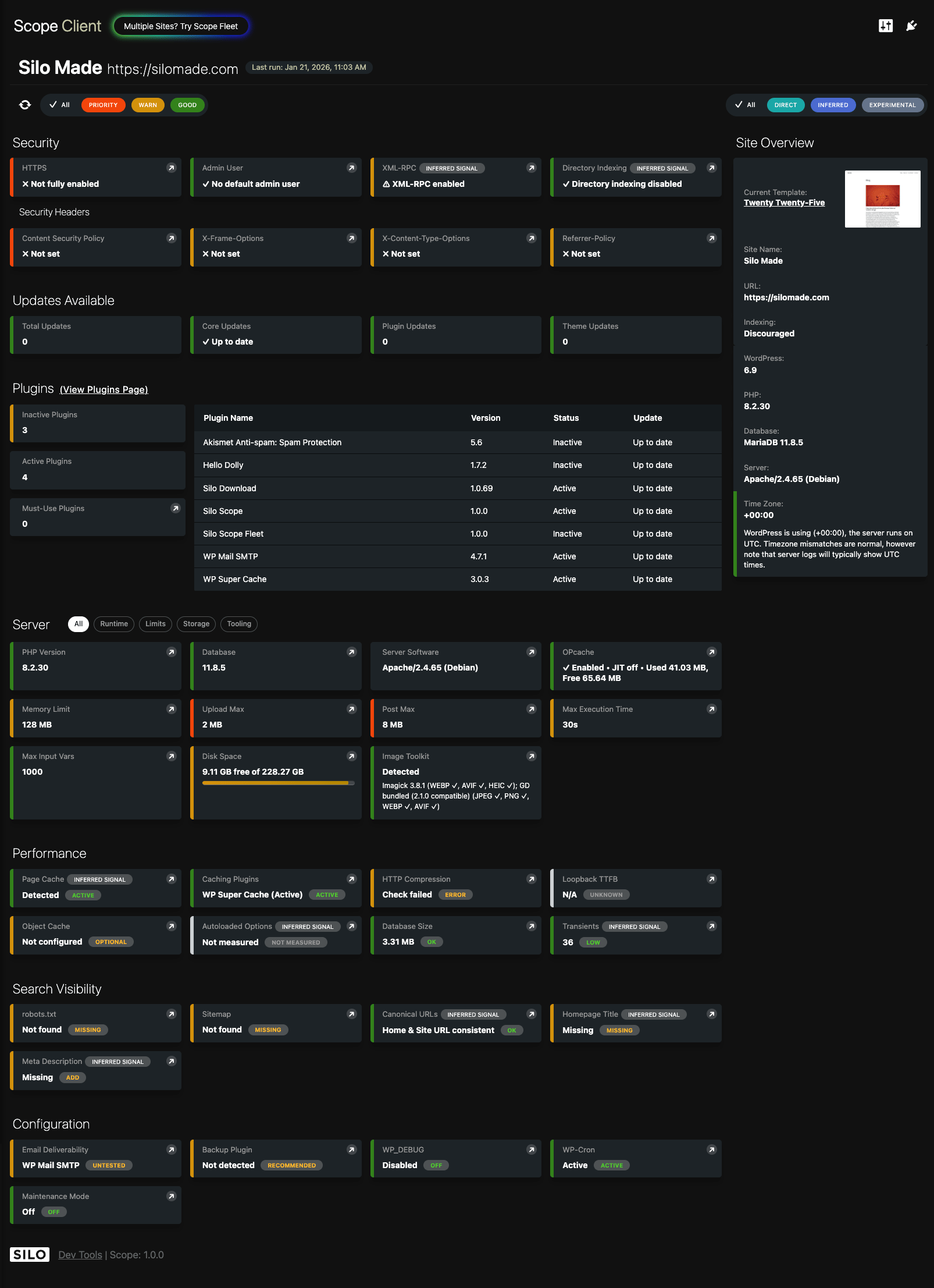 Main dashboard showing site health overview