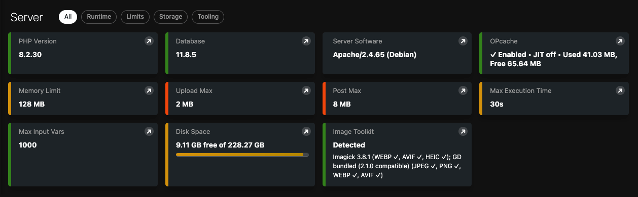 Server configuration details
