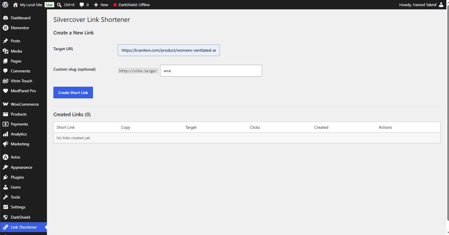 Link Shortener admin dashboard with the list of created links.
