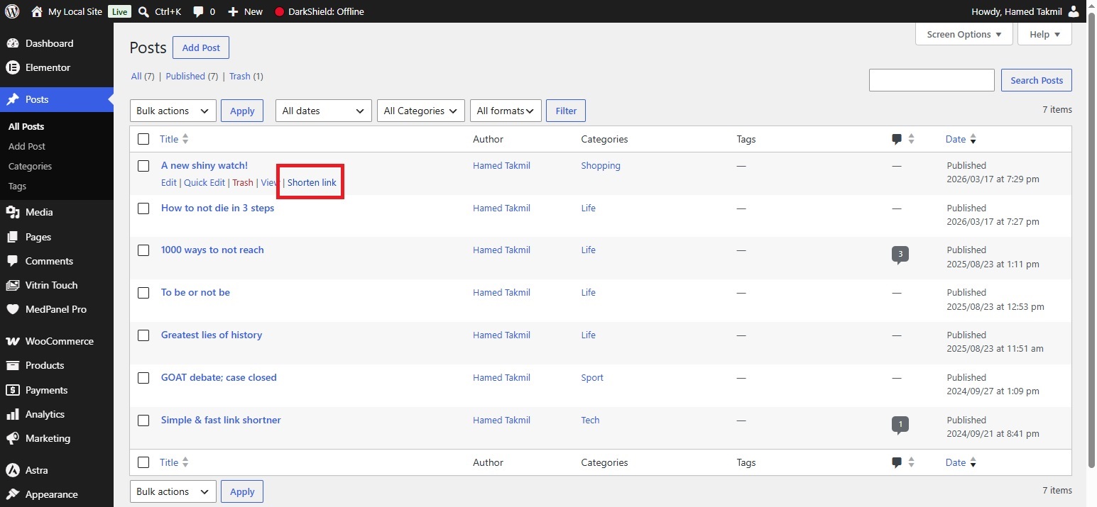 Per-link click report showing date, IP, country, browser, and referrer.