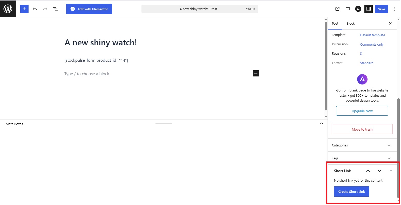 Short Link metabox in the post/page/product editor sidebar.
