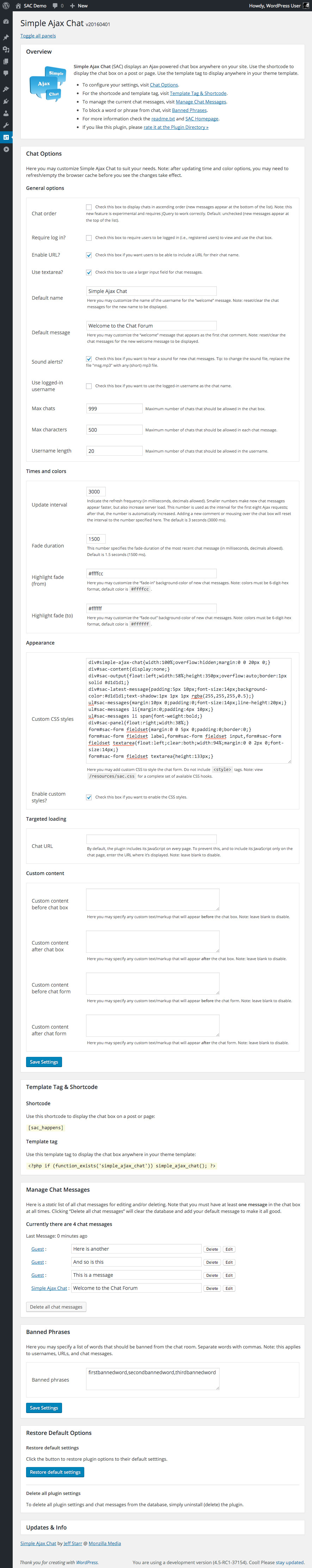 Simple Ajax Chat: Plugin Settings (panels toggle open/closed)