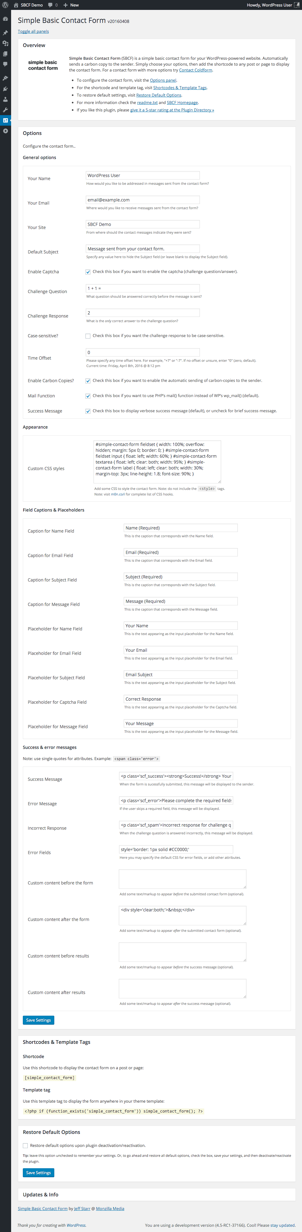 Simple Basic Contact Form: Plugin settings screen (panels toggle open/closed)