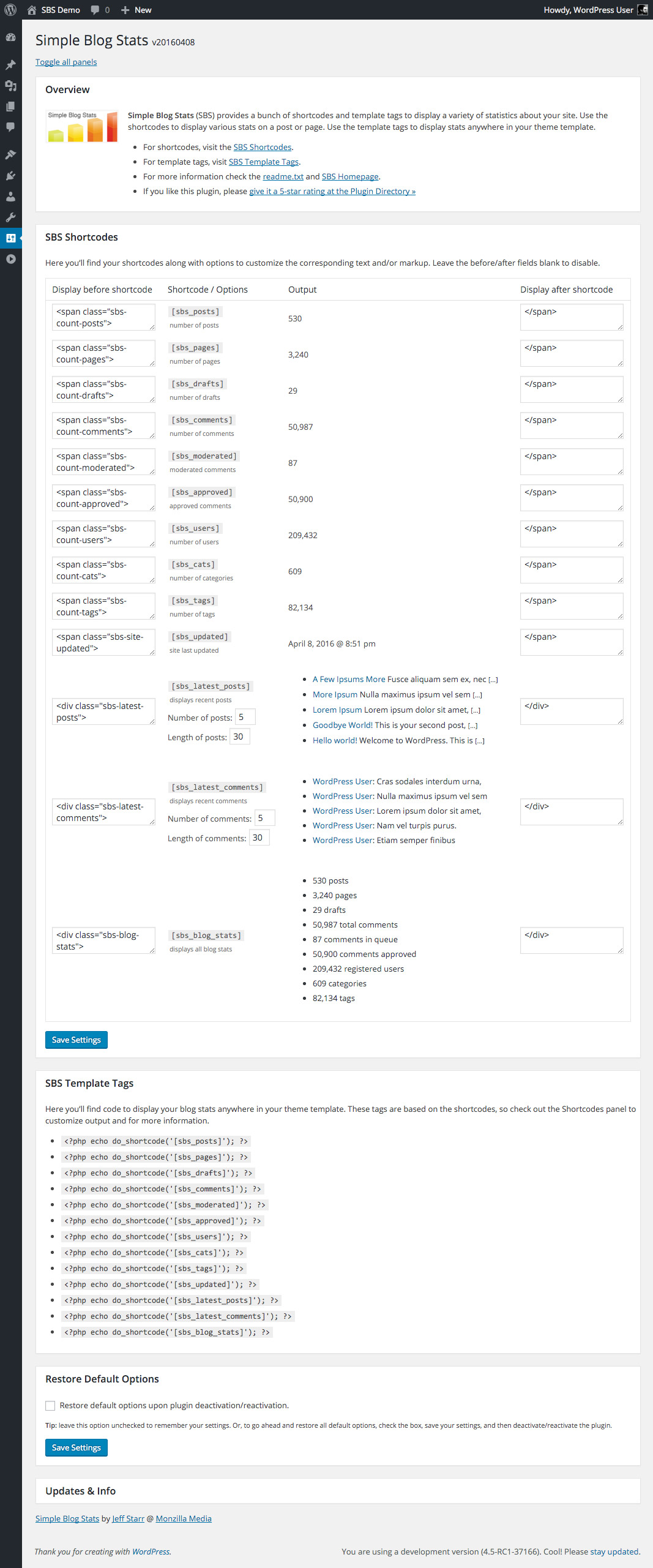 Simple Blog Stats: Settings Screen (panels toggle open/closed)