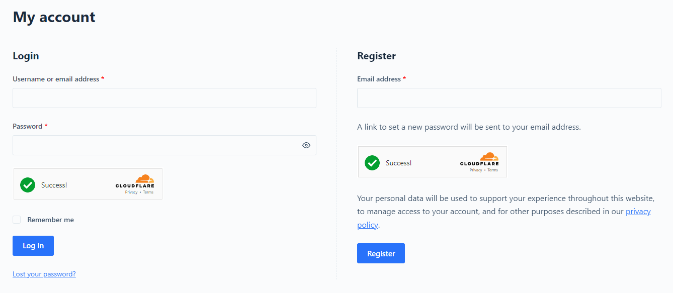 Example Turnstile on the WooCommerce My Account Page