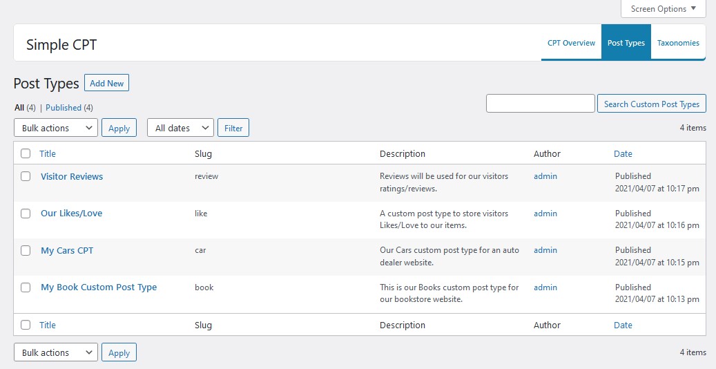 Custom Post Types admin table