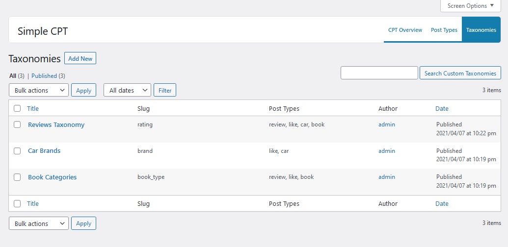 Custom Taxonomies admin table