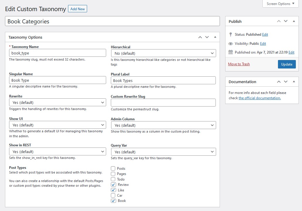 Edit a custom Taxonomy