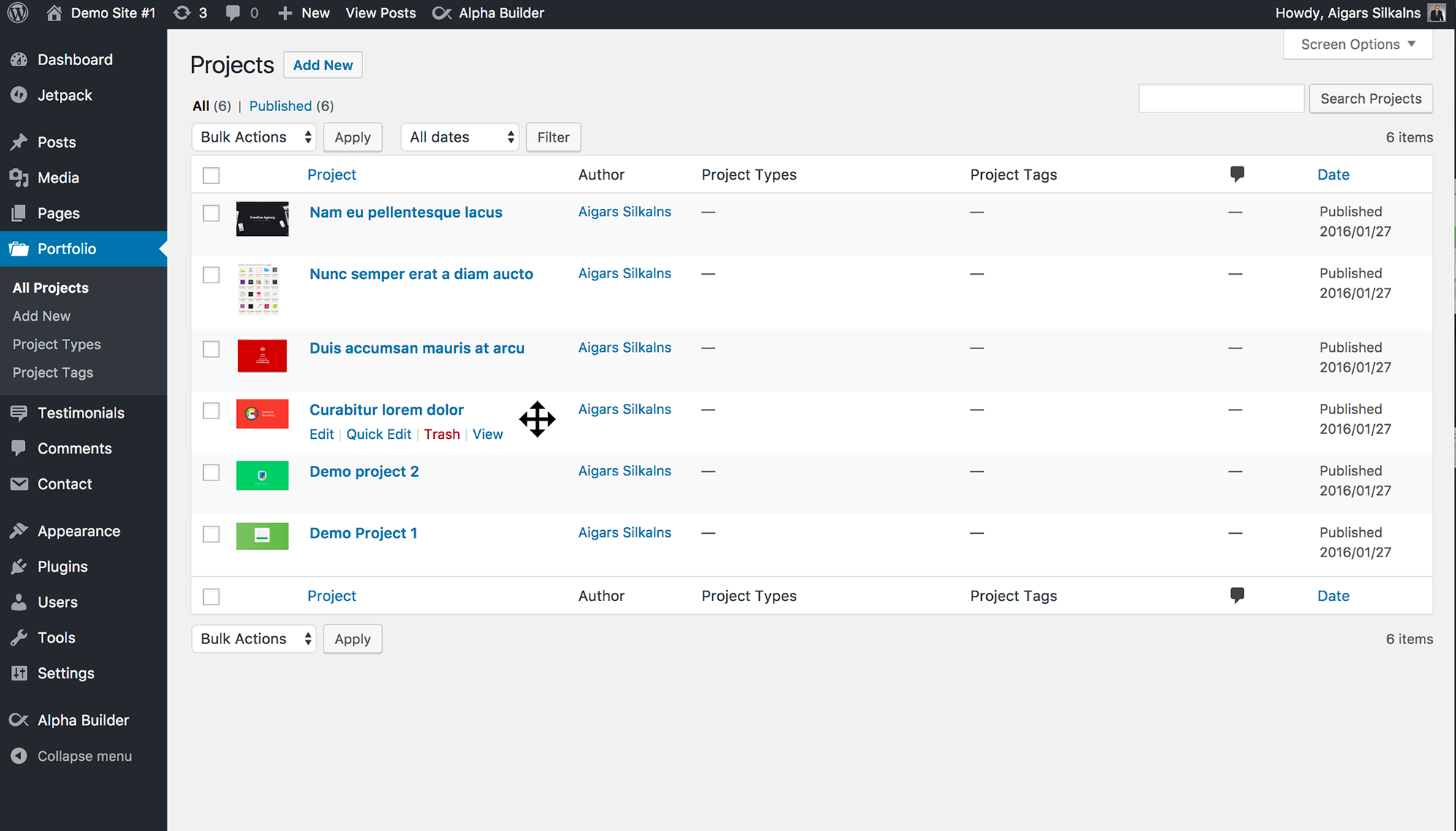 Drag-and-drop reordering of posts in the admin list table
